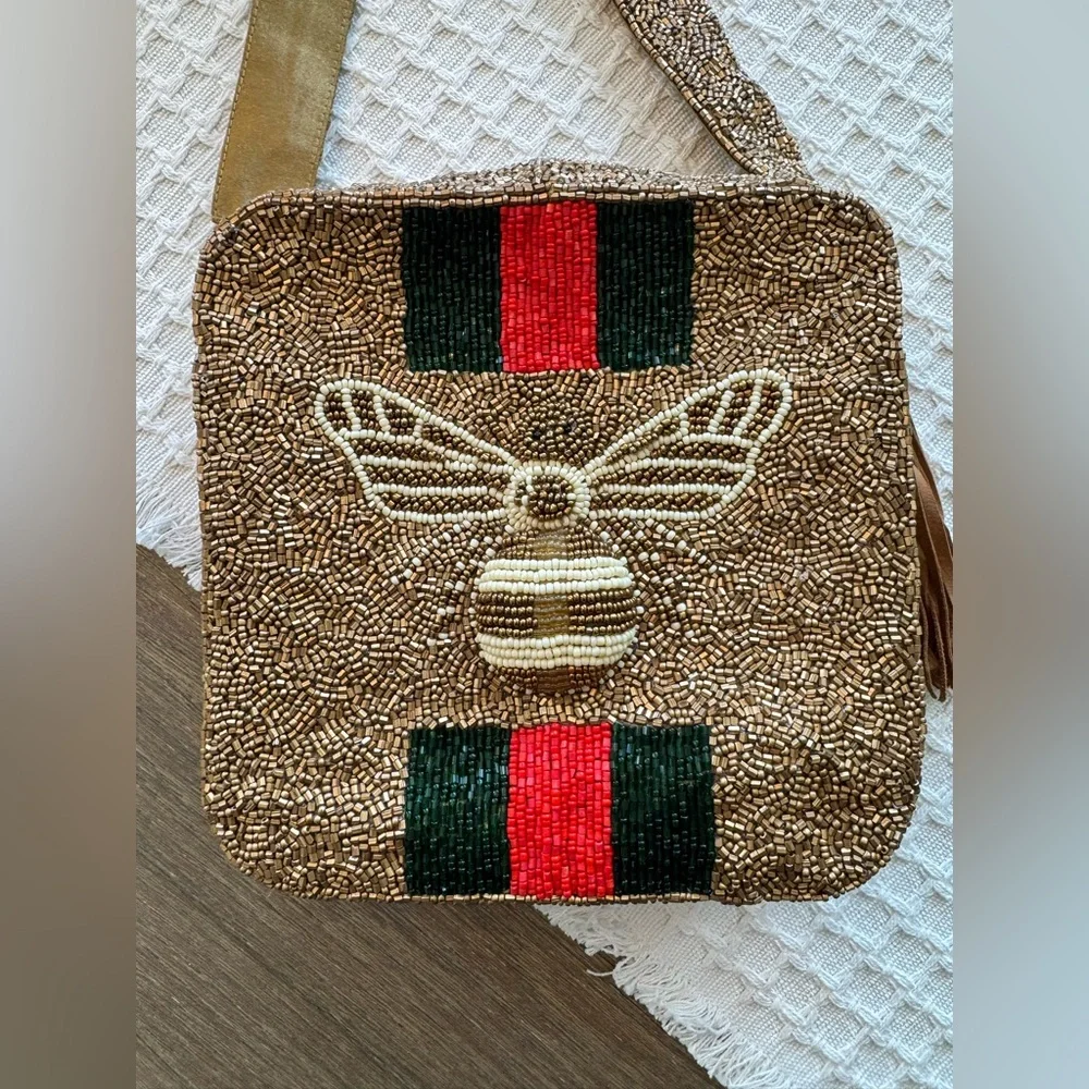 Moyna Beaded Crossbody Bag with Bee and Stripes - Picture 2 of 12